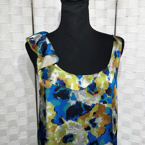 Theory Womens Silk Sleeveless Blouse Size Large Abstract Watercolor Ruffle Tank - Picture 2 of 12